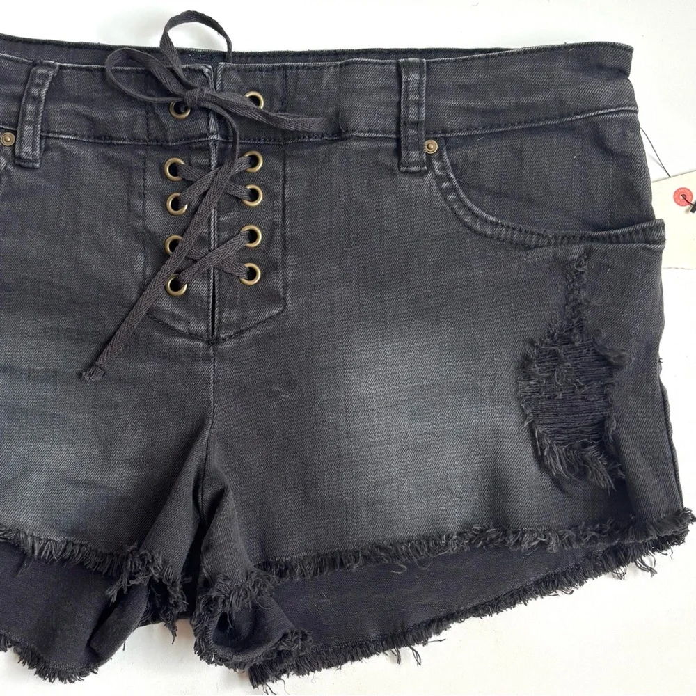 Billabong Lite Hearted Distressed Cut Off Lace Up Denim Jean Shorts Faded Black